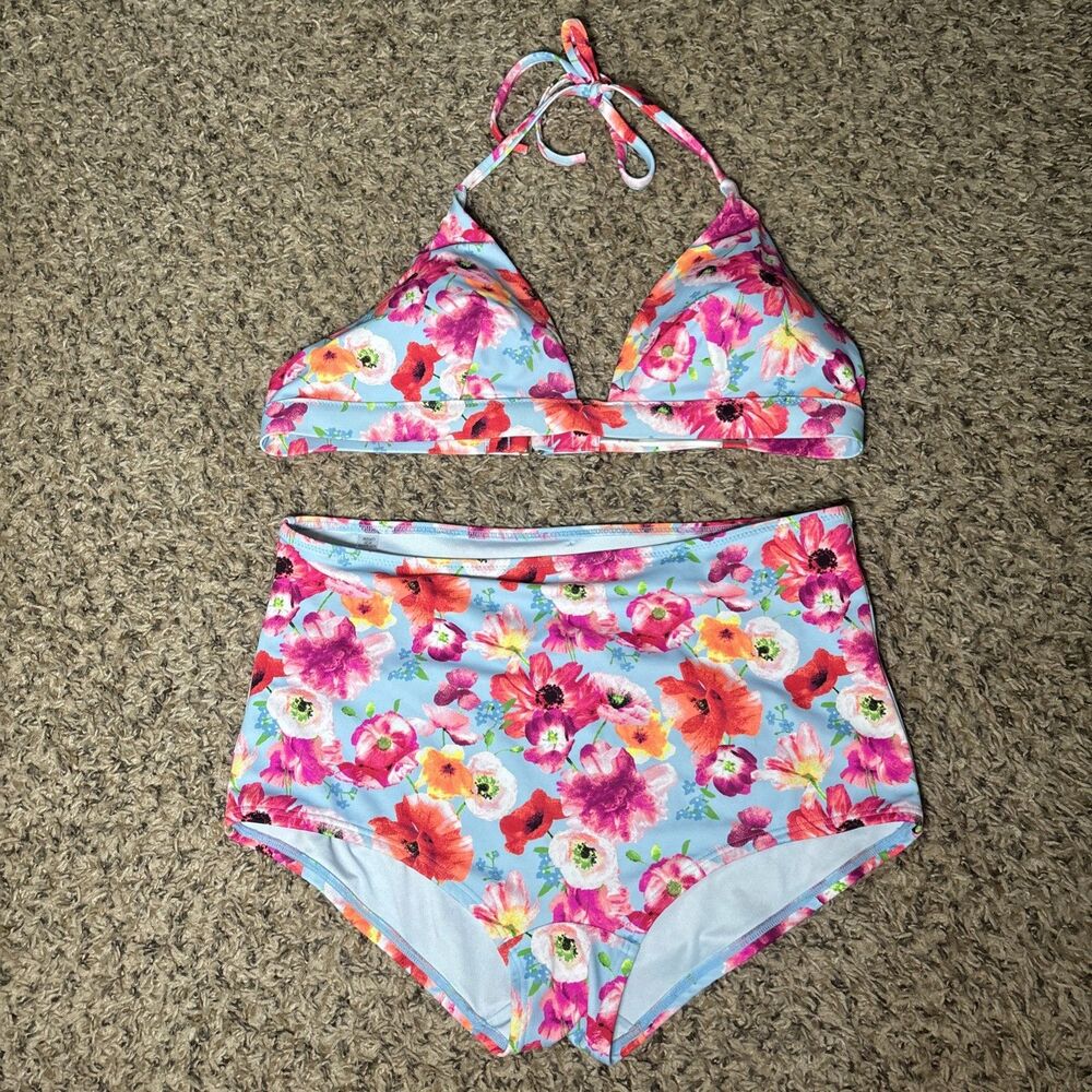 VICTORIA'S SECRET Essential Boyshort Bikini Bottom Blue Floral Bottoms M Top L
